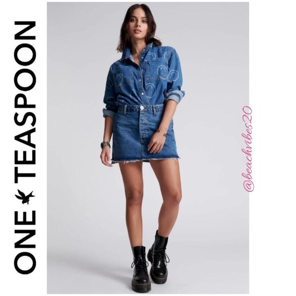 ONE TEASPOON Vanguard Mid Waist Relaxed Mini Denim Skirt Rosewood 30 NWT - Picture 1 of 5